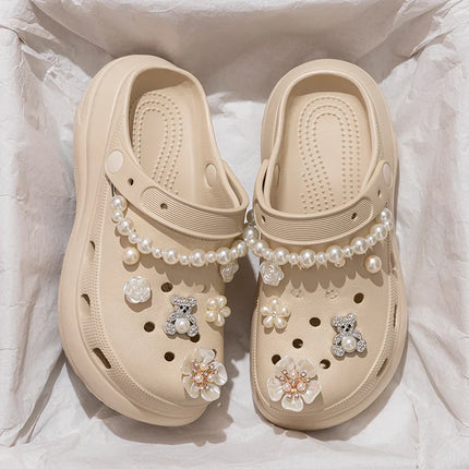 Pearl Chain Chunky Platform Sandals Women 2025 Summer Thick Bottom Beach Clogs Shoes Woman Fashion Flower Decor EVA Garden Shoes