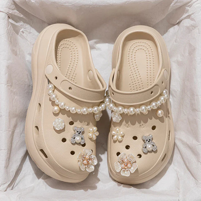 Pearl Chain Chunky Platform Sandals Women 2025 Summer Thick Bottom Beach Clogs Shoes Woman Fashion Flower Decor EVA Garden Shoes