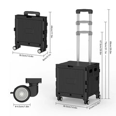 Folding Utility Cart Portable 360° Rolling Wheels Telescopic Handle Trolley Collapsible Shopping Box with Lid for Camping Office