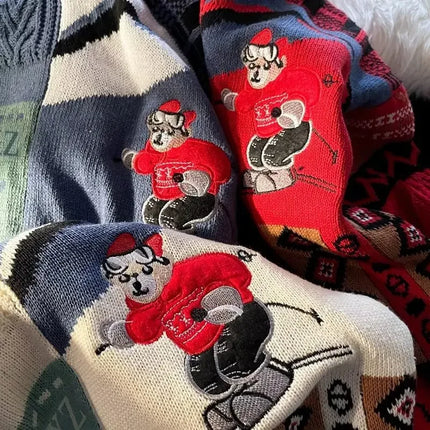 Christmas Sweater Men's Winter Loose-fit Casual Style Knitted Top Jacket American Vintage Fleece-lined Thickened Line Clothes