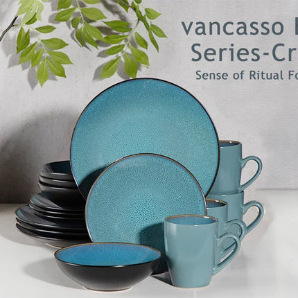 VANCASSO BUBBLE 16/32/48-Piece Tableware Set Vintage Ceramic Blue/Brown Stoneware Set with Dinner&Dessert Plate,Bowl,Coffee Cups