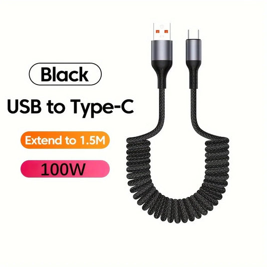 100W USB Type C Spring Car Fast Charging Cable for Samsung Xiaomi Huawei 60W USB C Data Cord for iPhone 15 Huawei USB C Wire