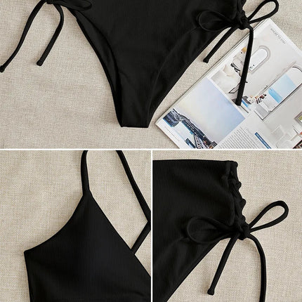 Cikini-V-Neck Split Bikini Set for Women, Sexy Swimsuit, Lace Up, Triangular Bikinis, Solid Color, Beach Swimwear, Bathing Suit