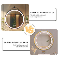 60/70/80CM Round LED Bathroom Mirror Wall Hanging Frontlit Vanity Makeup Mirror with Leather Strap Touch Anti-fog