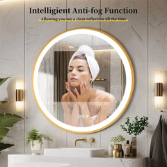 LUVODI 24 Inch Gold Frame Round Bathroom Mirror with Lights Illuminate Wall Vanity Mirror 3 Color Dimmable Anti-Fog Smart Mirror