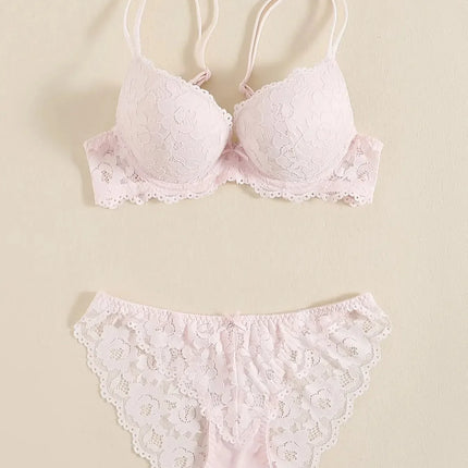 1 Set Elegant Erotic Lace Embroidery Breathable Fabric Lingeries : Push-Up Bra, Low Waist Sheer Panty - Ultimate Valentine's Day