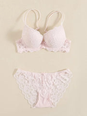 1 Set Elegant Erotic Lace Embroidery Breathable Fabric Lingeries : Push-Up Bra, Low Waist Sheer Panty - Ultimate Valentine's Day