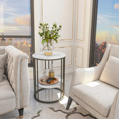 2 Tier Sintered Stone End Table Round White Sofa Side TableSmall Coffee Table with Black Frame - Modern Bedside Nightstand