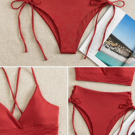 Cikini-V-Neck Split Bikini Set for Women, Sexy Swimsuit, Lace Up, Triangular Bikinis, Solid Color, Beach Swimwear, Bathing Suit