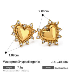 Uworld Luxury Rhinestone Inlay Heart Stud Earrings for Women Stainless Steel 18K PVD Plated Texture Waterproof Charm Jewelry