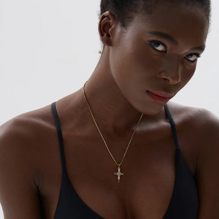 Yhpup Delicate Colorful Bling Cubic Zirconia Cross Pendant Stainless Steel Luxury Necklace High-Grade Fashion Shiny Jewelry Gift