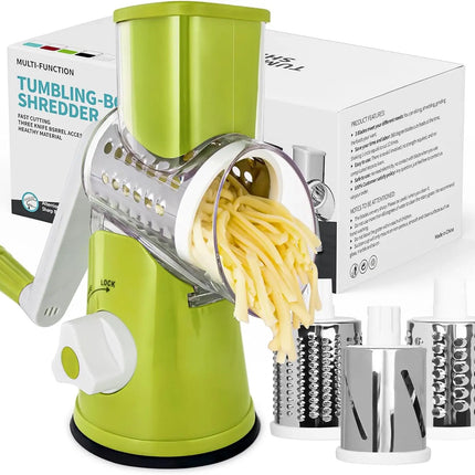 Manual Rotary Cheese Grater Shredder Kitchen Mandoline Vegetable Slicer with 3 Replaceable Stainless Steel Drum Blades YY001