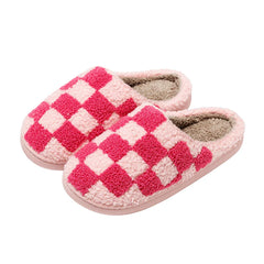 Fuzzy Women Men Slippers Fashion Checker Embroidery Houseshoes Cozy Fluffy House Retro Checkered Print Winter Home Shoes