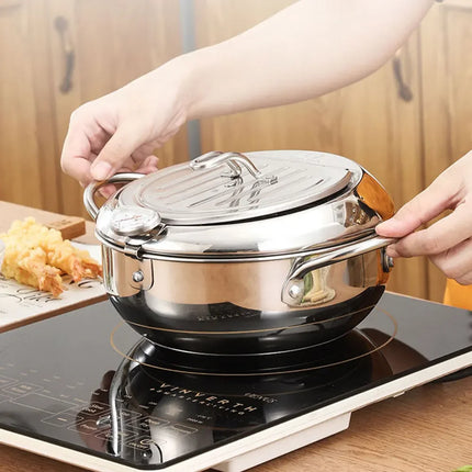 Japanese Deep Fryer With Thermometer and Lid 304 Stainless Steel Kitchen Tempura Fryer Pan Fryer Without Oil Frying Pan Fryer