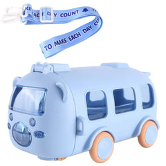 500ML Bus Shape Cartoon Water Cup with Movable Wheels & Strap Plastic Drinking Bottle Leakproof for Home Travel School