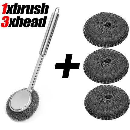 Stainless Steel Wire Brush with Long Handles Kitchen Replacement Steel Wool Wire Ball Dishwashing Brush Sink Countertop Cleaning