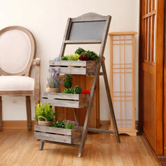 Folding Ladder 3 Tier Plant Stand Garden Flower Pot Holder Shelf with Chalkboard  A-Frame Sidewalk Menu Display