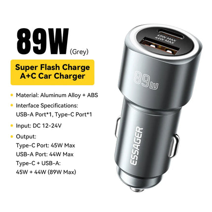 Essager USB Car Charger 89W QC4.0 Fast Charging USB Type C Car Phone Charger For iPhone 15pro Oppo Huawei P60 Pro Car Charger