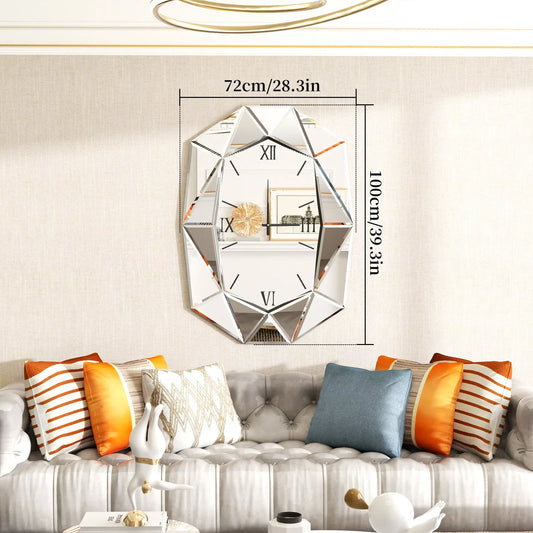 3 Colors Geometric Mirrored Hnaging Clock Irregular Decorative Beveled Glass Wall Clock with Roman Numerals