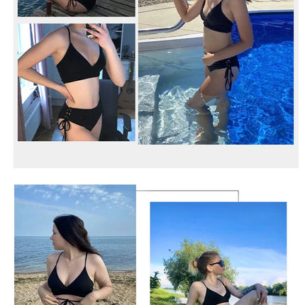 Cikini-V-Neck Split Bikini Set for Women, Sexy Swimsuit, Lace Up, Triangular Bikinis, Solid Color, Beach Swimwear, Bathing Suit