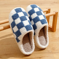 Winter Fuzzy Slippers Fashion Checker Indoor Embroidery Houseshoes Cozy Woman Winter Fluffy House Retro Checkered Print Shoes