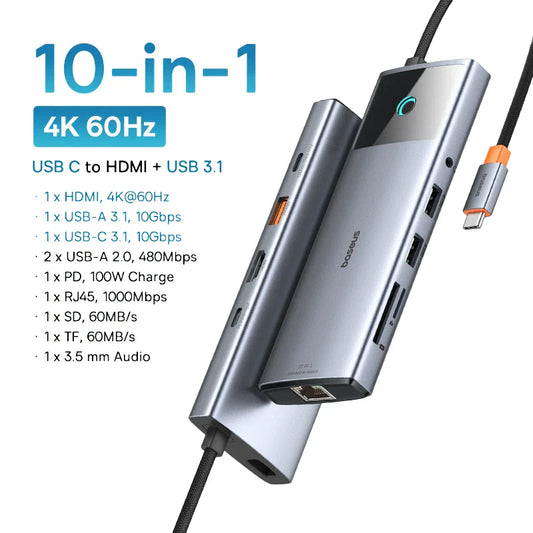 Baseus 10Gbps USB C HUB 4K 60Hz Type C to HDMI RJ45 Ethernet PD 100W for MacBook iPad Sumsang PC Tablet Phone USB 3.2 Gen 2 Hub