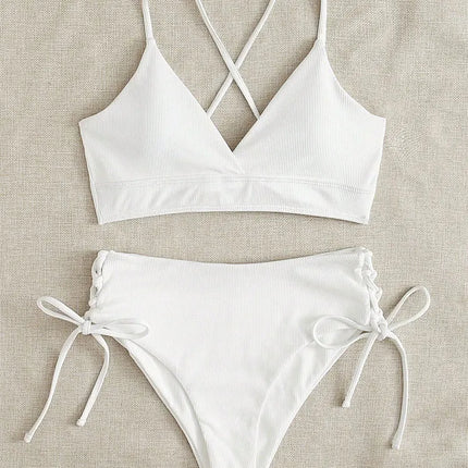 Cikini-V-Neck Split Bikini Set for Women, Sexy Swimsuit, Lace Up, Triangular Bikinis, Solid Color, Beach Swimwear, Bathing Suit