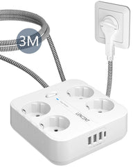 LENCENT EU Plug Power Strip with 4 AC Outlets+ 3 USB+ 1 Type C +2M/3M Braided Cable Multi Socket with Switch for Home/Office