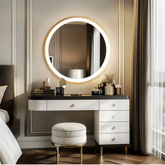 LUVODI 24 Inch Gold Frame Round Bathroom Mirror with Lights Illuminate Wall Vanity Mirror 3 Color Dimmable Anti-Fog Smart Mirror