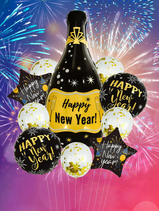 10pcs Happy New Year Champagne Bottle Balloon Set New Year Party Decorations Navidad 2024