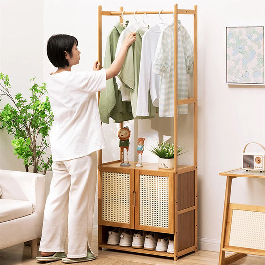 Bamboo Garment Rack, Heavy Duty Coat Stand, Wardrobe with 3 Storage Shelves, Shoe Shelf