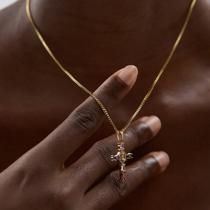 Yhpup Delicate Colorful Bling Cubic Zirconia Cross Pendant Stainless Steel Luxury Necklace High-Grade Fashion Shiny Jewelry Gift