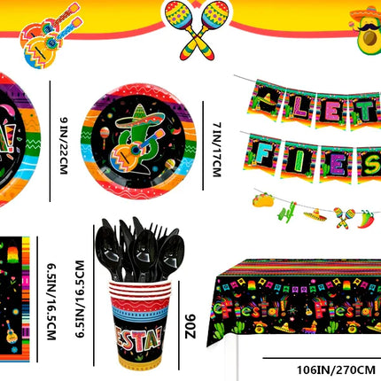 Mexican Themed Fiesta Party Supplies,161pcs Paper Tableware Set Includes Mexican Fiesta Plates Cups Napkins etc for 20 Guests