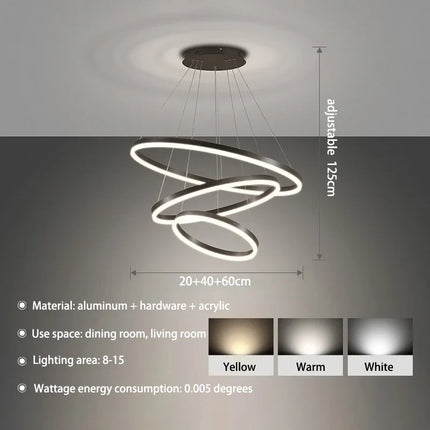 KOMORE Modern 3 Ring Aluminum Round Hanging LED Pendant Light Stepless Dimming & Cool White for Kitchen Living Room Hallway
