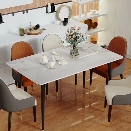 High Gloss 4-6 Seat Rectangular Marble Dining Table for Kitchen Island Restaurant Lunch Dinner Table Metal Frame