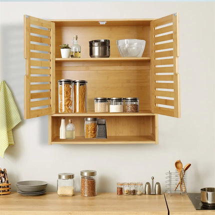 Natural Bamboo Wall-mounted Bathroom Cabinet, Kitchen Cupboard, Storage Organizer, Adjustable Shelf