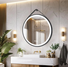 60/70/80CM Round LED Bathroom Mirror Wall Hanging Frontlit Vanity Makeup Mirror with Leather Strap Touch Anti-fog