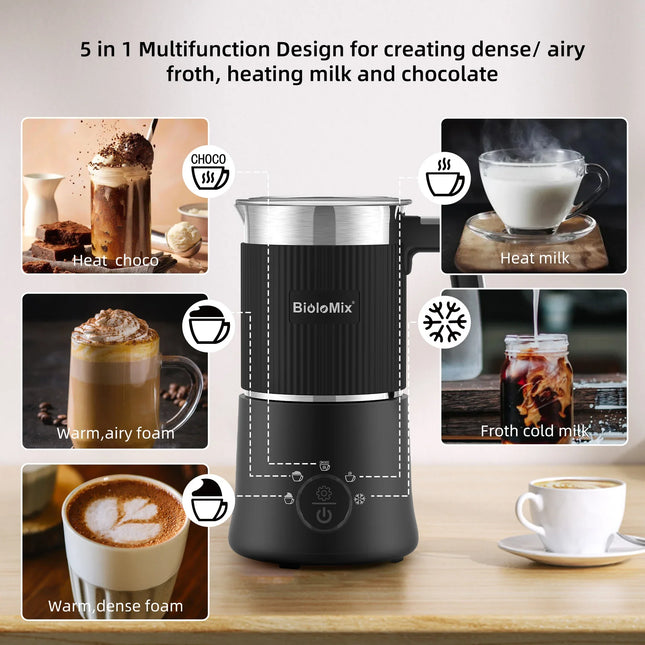 BioloMix Detachable Milk Frother and Steamer,5-in-1 Automatic Hot/Cold Foam and Hot Chocolate Maker,Dishwasher Safe
