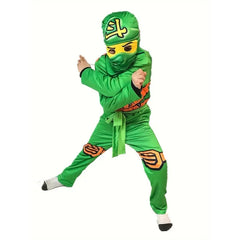 Boys Japanese Ninja Costume with Cartoon Anime Print Red Jumpsuit, Mask and Ninja Fork Accessory Set Halloween Dress Up Party