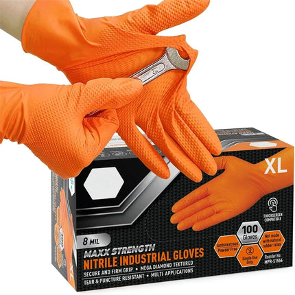 Heavy Duty Orange Nitrile Gloves 8Mil Industrial Disposable Gloves with Diamond Textured Grip for Mechanic Safety & Work Gloves