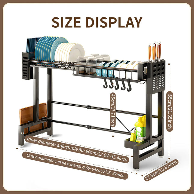 2 Tier Dish Drainer Stainless Steel Draining Dish drainer Multifunctional Black Dish Drainer Rack with Drip Tray for Kitchen Cou