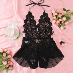 Women's Hollow Crotchless Bodysuit Slim Fit Erotic Mesh Lace Jumpsuit Bodysuit Summer Sexy Fashion Sleepwear Dress