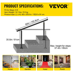 VEVOR Handrail for Outdoor Steps Aluminum Stair Handrail Fit 0-5 Steps w/ Installation Kit Building & Hardware Home Improvement