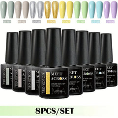 MEET ACROSS 8Pcs/Set Gel Nail Polish Set for All Season Neon Marcaron Green Red Series UV Gel Varnish Manicure Kit Nail Supplies