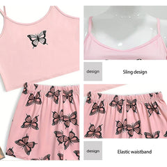 Two Piece Women's Suspender Printed Butterfly Round Neck Camouflage Top Paired with Shorts Women's Casual Pajama Set