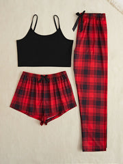 3Pcs Women's Pajama Set Camisole Shorts Trousers Three-Piece Bow Tie Home Wear Set Plaid Print Sleepwear for Women Christmas pjs