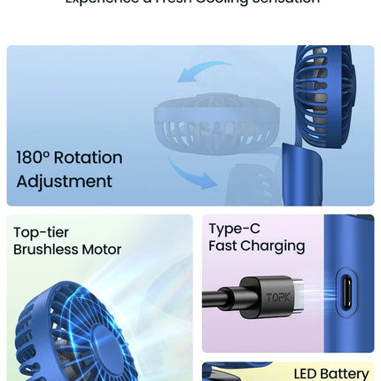 TOPK Portable Hand Held Fan,5000mAh 2-IN-1 Neck HandHeld Fan 180° Foldable Whisper-Quiet Brushless Motor Comes with Hanging Rope