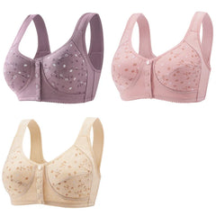 3Pcs/Set Women Lingerie Bra Cotton Wire Free Front Closure Bralette Confortable Underwear Widened Shoulder Straps U-shaped Back