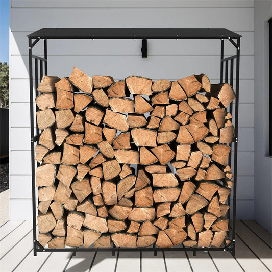 70" Outdoor Metal Log Store Stack Holder Wood Firewood Rack Garden Storage Shed with Waterproof Roof