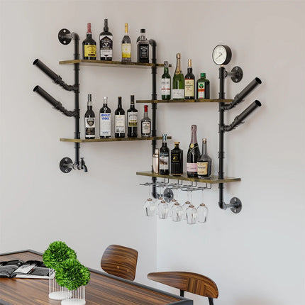 Pipe Bar Liquor Shelf, Floating Shelves with Wine Glass Holder, Wall Black Shelving Unit for Living Room and Kitchen